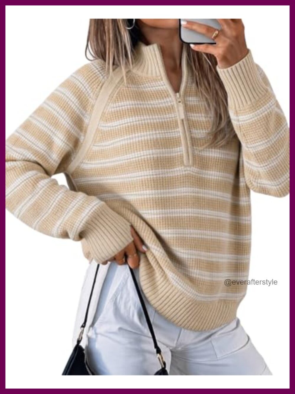 Women's Half Zip Striped Ribbed Knit Pullover Sweater